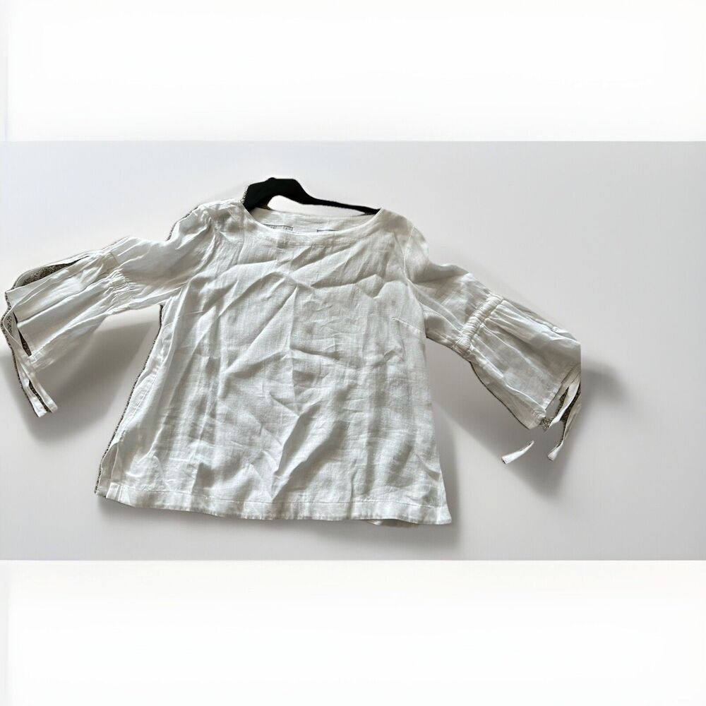 Charter Club Shirt Women’s Linen Boho 3/4 BowSleeve Boat Neck Solid White Blouse - Picture 4 of 7